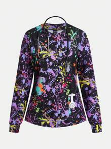 TaskEZ Graffiti Splash-Ink Print Long Sleeve Fashion Pocket Uniform Scrub Top - Multicolor - View 1