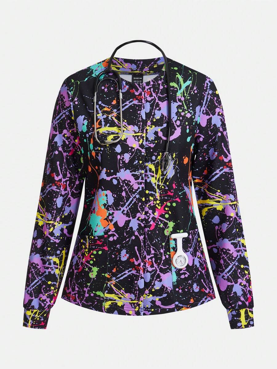 TaskEZ Graffiti Splash-Ink Print Long Sleeve Fashion Pocket Uniform Scrub Top - Multicolor - View 1