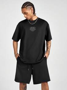 Manfinity NXTstreet Men's Letter Print Round Neck Short Sleeve Graphic Tee And Drawstring Pocket Shorts Casual Set - Army Green - View 3