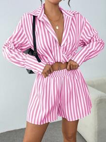Chiquease Striped Print Twist Front Long Sleeve Shirt And High Waisted Shorts Streetwear Casual Outfit