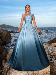 Faeriesty One Shoulder Ombre Satin Formal Prom Dress - Blue - View 1