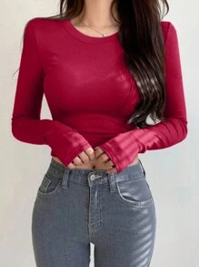 DAZY Women's Solid Color Round Neck Long Sleeve Slim Fit T-Shirt, Spring/Summer Crop Top - Burgundy - View 4