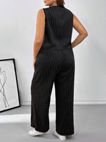 SHEIN Essnce 2pcs Plus Size Women Black & White Striped Suit Set In Fall/Winter - Black and White - View 2