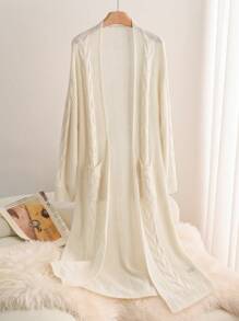 SHEIN Frenchy Plus Size Women's Fall Cable Knit Mid-Length Cardigan,Homecoming - Apricot - View 2