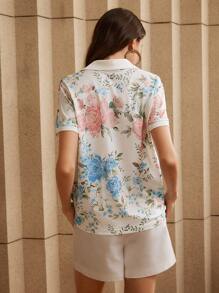 Anewsta 女士花卉印花短袖 Polo 领休闲 T 恤，夏季图案 T 恤女式上衣 - 白色 - 查看 2