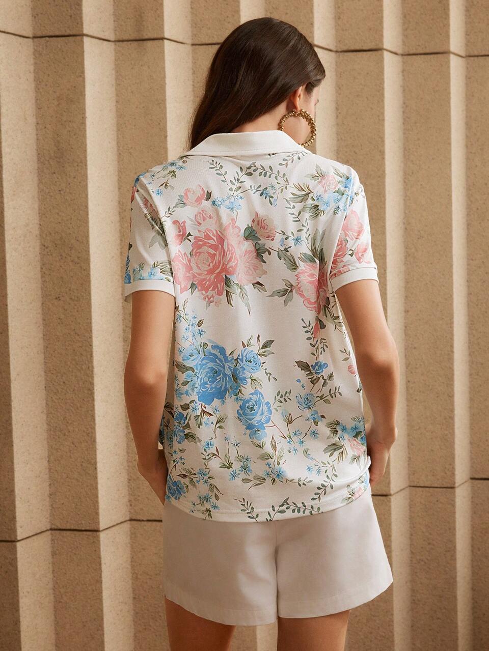 Camiseta casual de mujer con estampado floral, cuello polo y manga corta, blusas gráficas de verano para mujeres