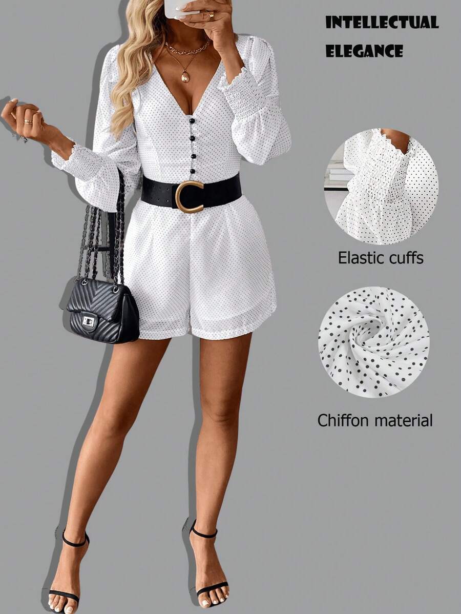 SHEIN Clasi Bộ áo liền quần tay phồng chấm bi thường ngày mùa hè dành cho nữ - Đen và trắng - Xem 1