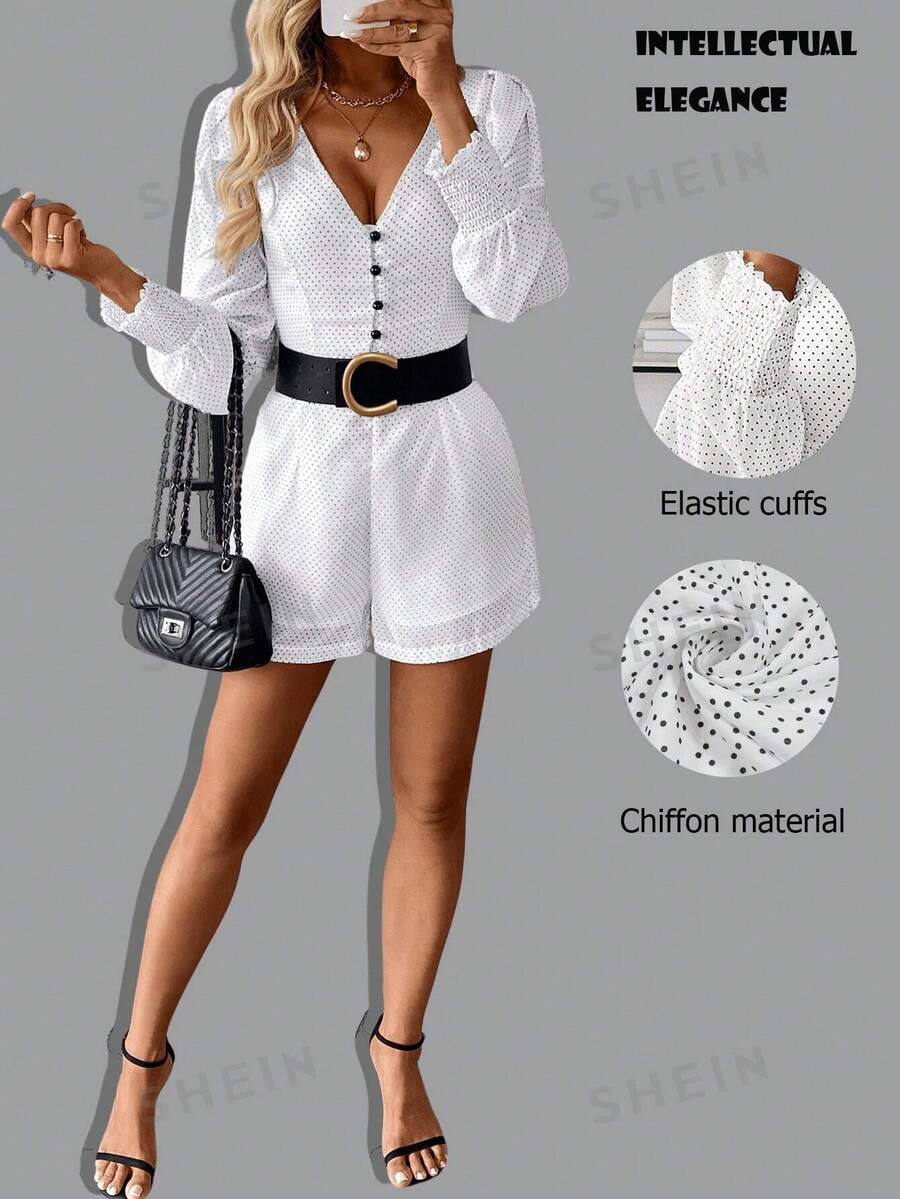 SHEIN Clasi Sommerlicher Lässig-Jumpsuit mit Polka Dots und Puffärmeln für Damen - Schwarz und Weiss - Übersicht 1
