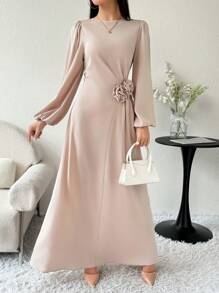 Modelyn Women's Solid Color Crewneck Applique Elegant Long Sleeve Arabian Dress Long Evening Dresses
