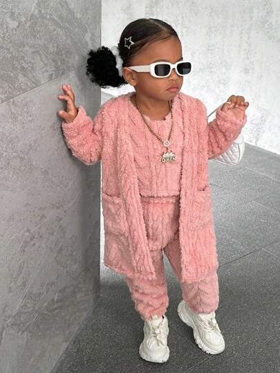 SHEIN Baby Girl Solid Teddy Coat & Pants & Vest