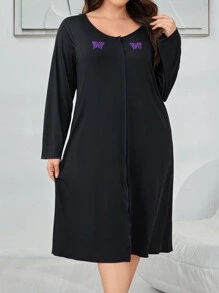 Contrast Color Butterfly Embroidered Casual Loose Lounging Dress In Plus Size - Black - View 3
