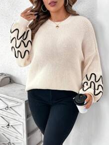SHEIN Clasi Plus Size Winter Casual Fashionable Round-Neck Sweater Pullover With Three-Dimensional Floral Pattern Design, Suitable For Vacation, Parties, Music Festivals, Home Wear, Shopping, Back-To-School Events, And As A Gift. - Apricot - View 3