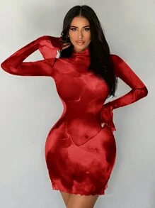 SHEIN SXY Robe de soirée à manches longues pour femmes avec imprimé dégradé noir et vert, maille transparente - Rouge - Voir 4