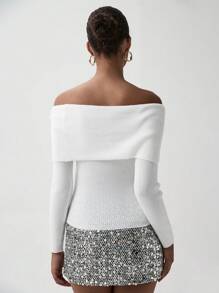 Lumivelle Women's Sexy Off-Shoulder 3D Floral Embellished Long Sleeve Knit Sweater