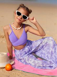 SHEIN Tween Girl 3pcs Bikini Set: Camisole Top, Wide Leg Pants And Allover Print Briefs Underwear Summer Beach, Bathing Suit - Purple - View 6