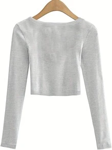INAWLY Solva Camiseta de manga larga ajustada de cuello redondo de unicolor para mujer para primavera y verano