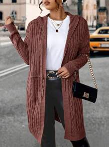 Calvaya Plus Drawstring Waist Cable Knit Hooded Cardigan, For Winter Fall Cloth For Women Autumn