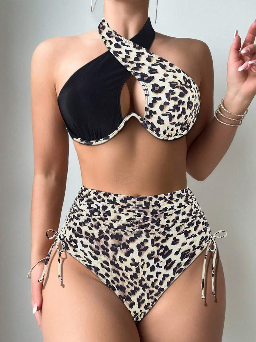 SHEIN Swim Ladies Bikini Set, Random Prints, Padded Summer - Black - View 1