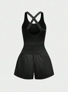 SHEIN EZwear 純色中空背部十字紋帶無袖運動修身連體褲,附有冷感散熱功能 - 黑色 - 查看 2