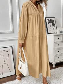 Chiquease Solid Color Casual Loose Hooded Long Dress For Women - Khaki - View 7