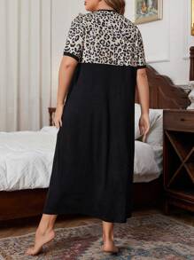 Große Größen Leoparden Patchwork Rundhals Kurzarm Nachthemd