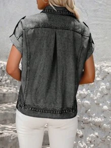 SHEIN LUNE Áo Sơ Mi Tay Ngắn Phía Trước In Nút, Mùa Hè - màu đen - Xem 2