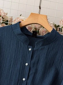 SHEIN LUNE Đầm Maxi Dài Tay Cài Nút Thường Ngày Mùa Xuân & Hè Màu Trơn Cho Nữ Size Lớn - Màu xanh hải quân - Xem 3