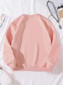 Young Girl Casual Cute Cartoon Puppy & Letter Print Basic Crew Neck Sweatshirt