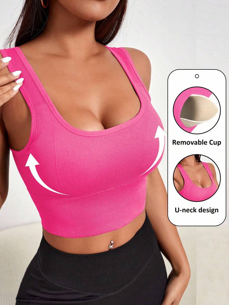 Core Rhythm 纯色圆领加垫运动文胸，无缝 - 粉色 - 查看 1