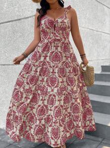 Breezaya Plus Size Women Plant Print Dress With Ruffle Hem Elegant Vacation Dress - Multicolor - View 4