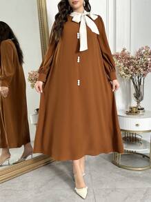 Al Najma Plus Size Dames Strik Hals Lange Mouw Knoop Decor Jurk, Arabische Stijl, Kaftan Jalabiya Jurk Voor Avondfeesten/Bruiloftsgasten