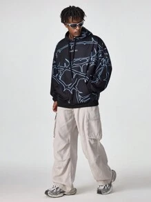 Manfinity VCAY Men's Drawstring Hooded Full Print Casual Loose Fit Pullover Sweatshirt, For Fall Winter - Blue - View 3