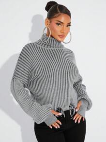 SHEIN SXY Women's Solid Turtleneck Distressed Long Sleeve Knit Sweater Going Out Tops In Fall/Winter - Grey - View 6