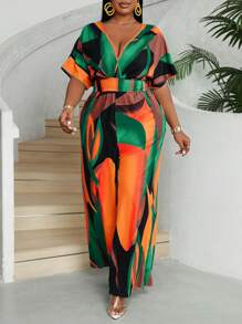 Maweii Plus Size Women's Summer Vacation Full Print V-Neck Batwing Sleeve Loose Wide Leg Jumpsuit