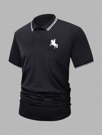 Camisa polo casual de hombre con ribete de contraste e impresión de caballero, para verano, para golf