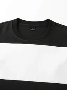 Manfinity Hypemode 男士休闲拼布印花宽松套头运动衫，返校秋季黑白圆领字母长袖休闲拼色运动衫，适合朋友、丈夫、男朋友的礼物 - 黑與白 - 查看 6