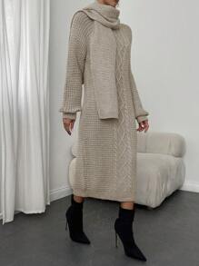 EURMUSE Màu thuần Dệt kim Đầm Với Xoắn Hoa , Thả vai Và Lỏng lẻo phù hợp - Màu be - Xem 3