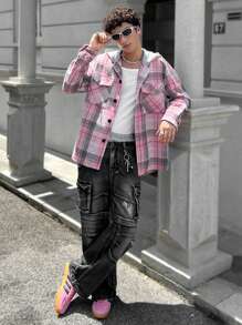 Manfinity VCAY 男士休闲格纹拼接拉链连帽长袖夹克，秋冬款 - 粉色 - 查看 4