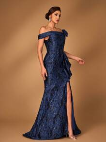 Serin Elegant Gorgeous Navy Blue One Shoulder Sleeve Luxurious Jacquard Satin Pleated 3D Floral Slit Mermaid For Wedding Party Vacation Formal Event Mother Of The Bride Evening Gown - Navy Blue - View 5