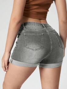 SHEIN Essnce Quần short denim rách thiết kế túi thời trang hợp thời trang cho nữ có nút thắt lưng - Màu Xám nhạt - Xem 2