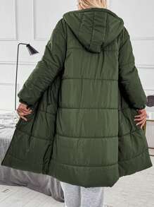 Chiquease Olive Green Quilted Padded Coat With Elastic Cuffs & Zipper Pockets, Women's Winter Jacket Thermal Fall Cloth For Women