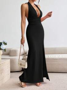 Rafferiza Women's Halter Neck Ruched Backless Fit & Flare Bowknot Elegant Dress Maxi Women Outfit - Black - View 3