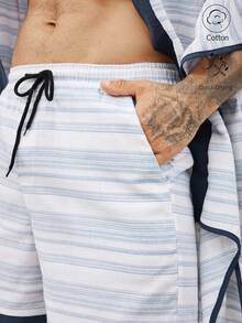 Manfinity RSRT 2 件套男士纯色拼接蝙蝠袖上衣和前系带短裤套装，休闲装 - 藍色 - 查看 4