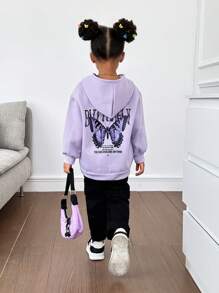 SHEIN Young Girl Slogan & Butterfly Print Drop Shoulder Sweatshirt - Lilac Purple - View 5