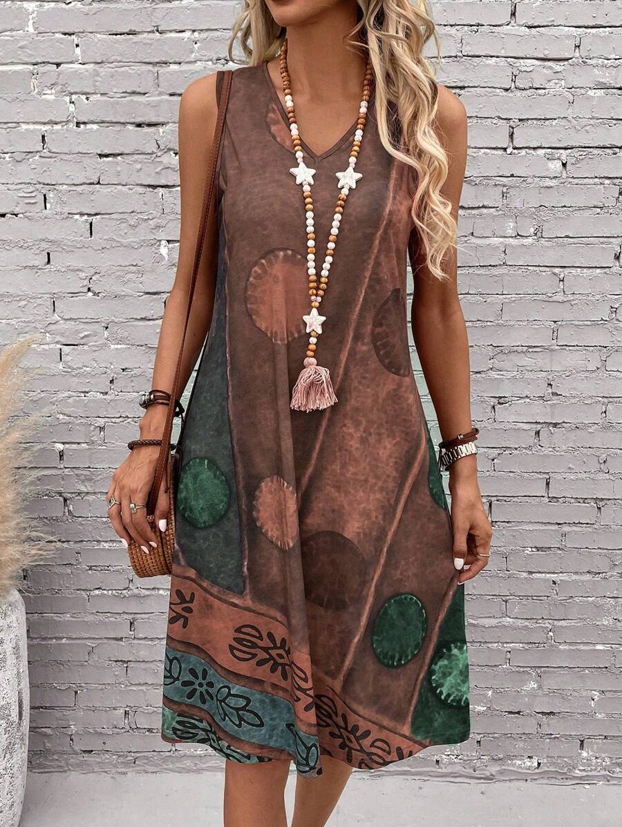 EMERY ROSE Graphic Print Tank Summer Dress - Rust Brown - View 1