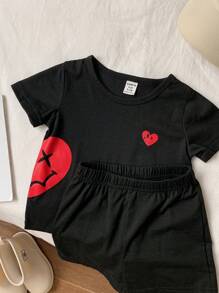 SHEIN 2 cái/bộ Em bé Con trai Giải trí Mặt Mẫu In Ngắn tay Áo thun Và Quần short , Mùa xuân/Mùa hè - màu đen - Xem 4