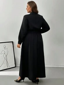 Firerie Plus Size Comfy Casual Simple Pleated Shirt Dress Women Long Sleeve A-Line Loose Black Dresses, Spring & Autumn - Black - View 3