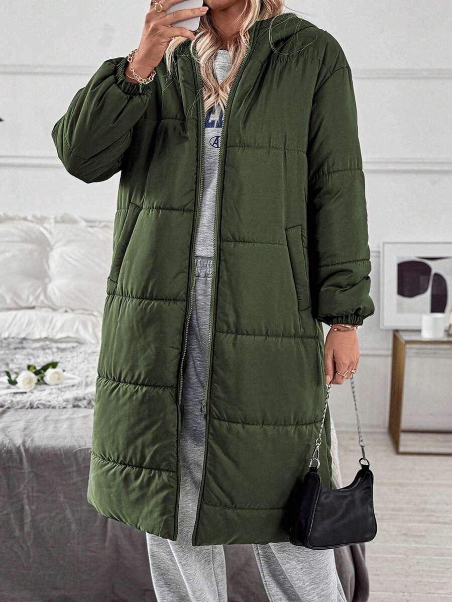 Chiquease Olive Green Quilted Padded Coat With Elastic Cuffs & Zipper Pockets, Women's Winter Jacket Thermal Fall Cloth For Women