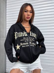 StreetHx Star & Slogan Graphic Zip Up Drop Shoulder Drawstring Hoodie,Long Sleeve Tops - Black - View 4
