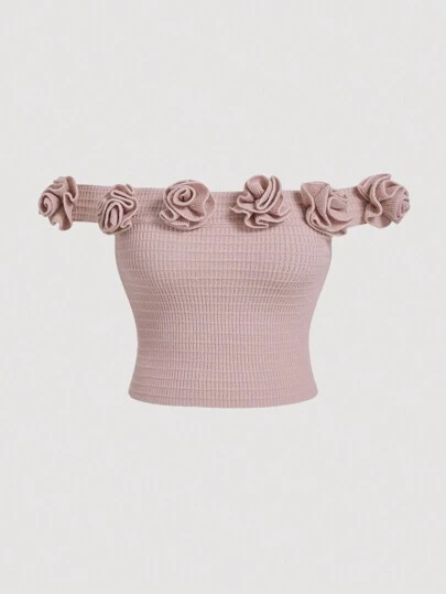 SHEIN MOD Plus Size Pink Off Shoulder Ruched Cropped Knitted Top